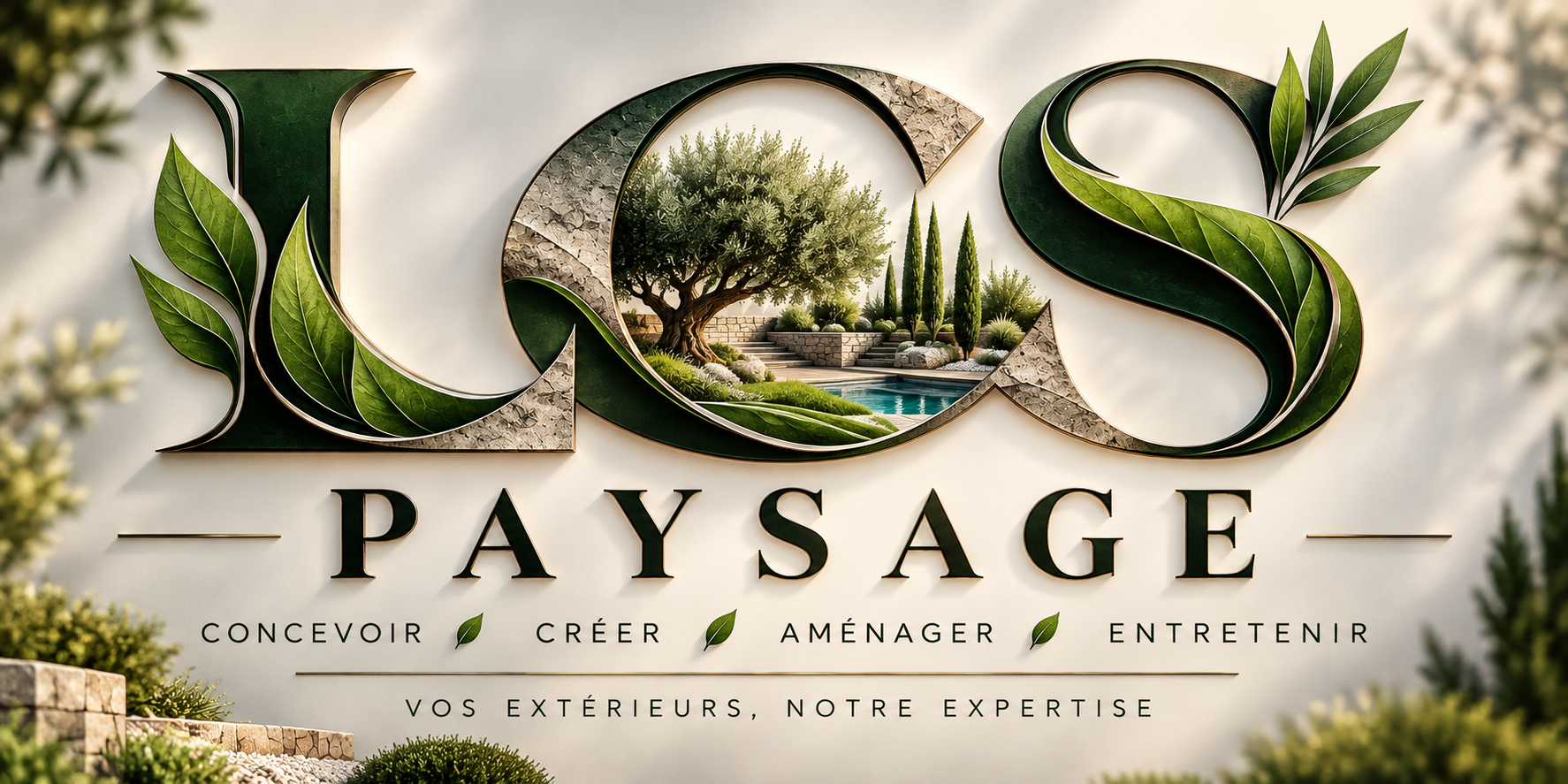 Logo LCS Paysage illustré par un aménagement de jardin.